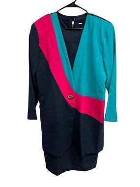 Vintage 80s 90s Ultra Dress Colorblock Long Sleeve 2 Pc Dress Gold Button Navy